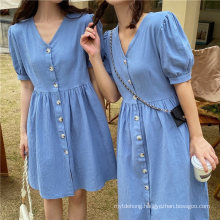 Spring and Summer New V-Neck Puff Sleeve Dress